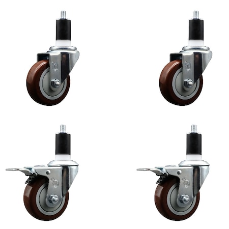 Service Caster 3.5'' SS Maroon Poly Swivel 1-1/2'' Expanding Stem Caster Set 2 Total Lock Brakes, 4PK SCC-SSEXTTL20S3514-PPUB-MRN-2-S2-112